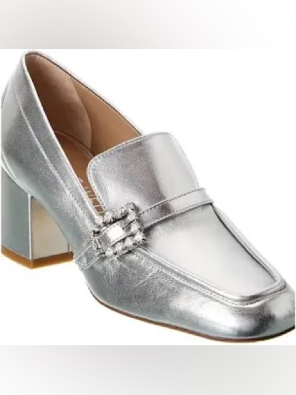Stuart Weitzman Crystal Geo Buckle 60 Loafer in Metallic Grey Leather